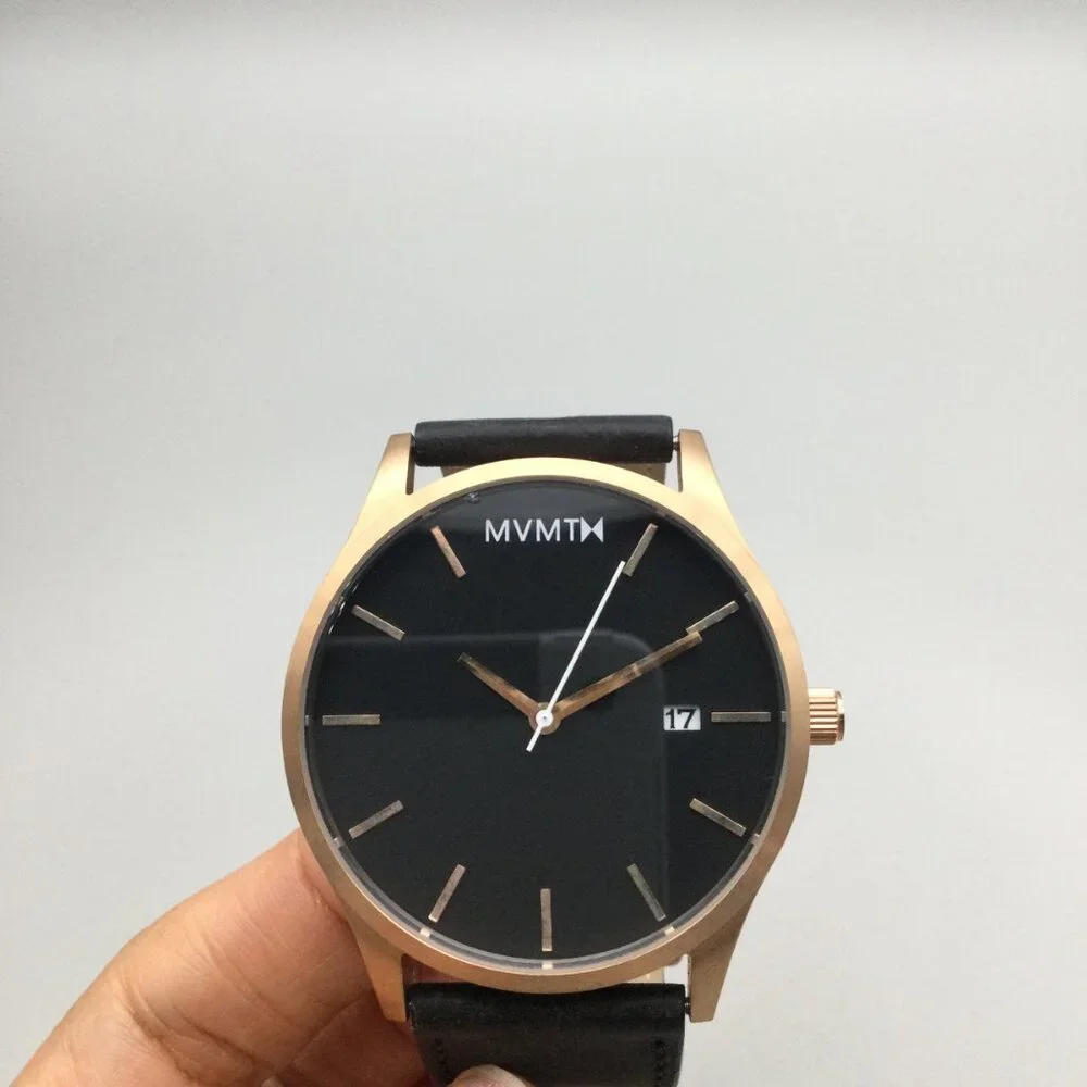 MVMT Watch Men 45mm Rose Gold Black Dial Date Leather Band New Battery
